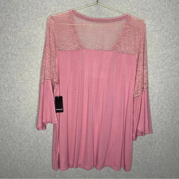 Torrid Super Soft Pink Lace Bell Sleeve Button Down V Neck Top - Picture 5 of 6